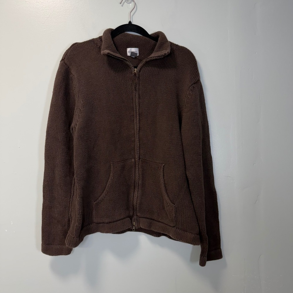 Chicos Brown Ramie Cotton Full Zip Knit Sweater Jacket Size 2 Large